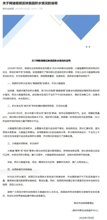柳州动物园澄清：积水不在大熊猫馆，动物安全